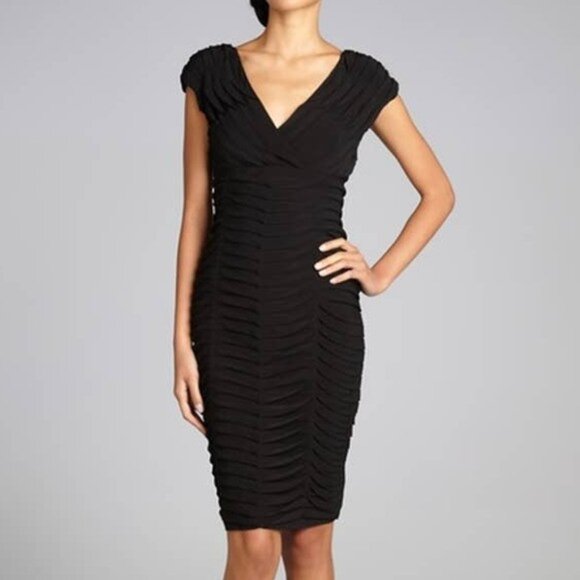Tadashi Shoji Silk Dress Black Lace Ruched Knee Length Cap Sleeves Stretch 8 - Picture 1 of 15